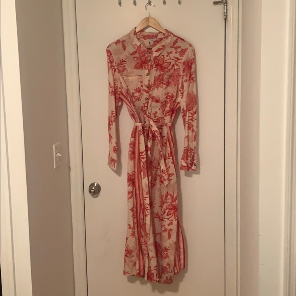 Shirt dress, tie belt, block print, linen blend